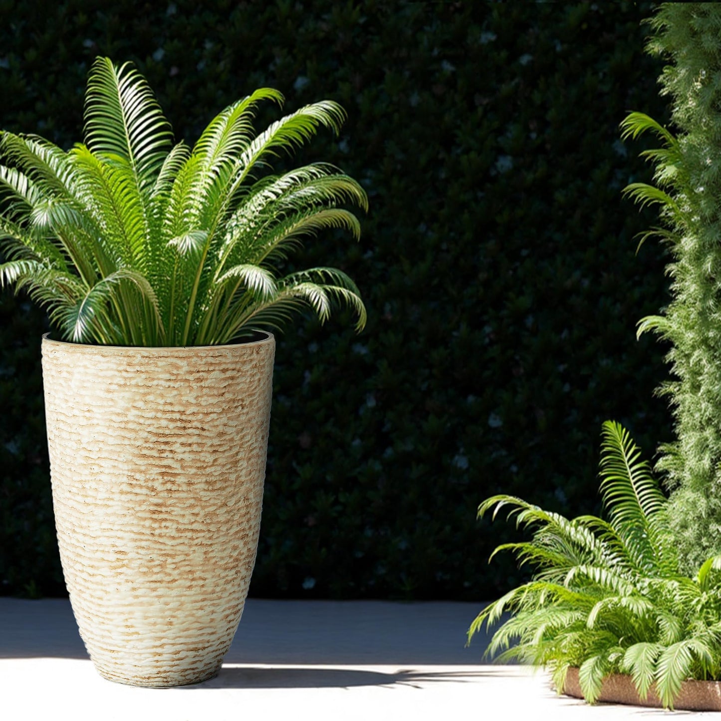 Tall Round Planters Set of 2-14" Dia x 21" H Stone Finish Flower Pots Indoor Decorative Container Garden Patio Unbreakable Beige