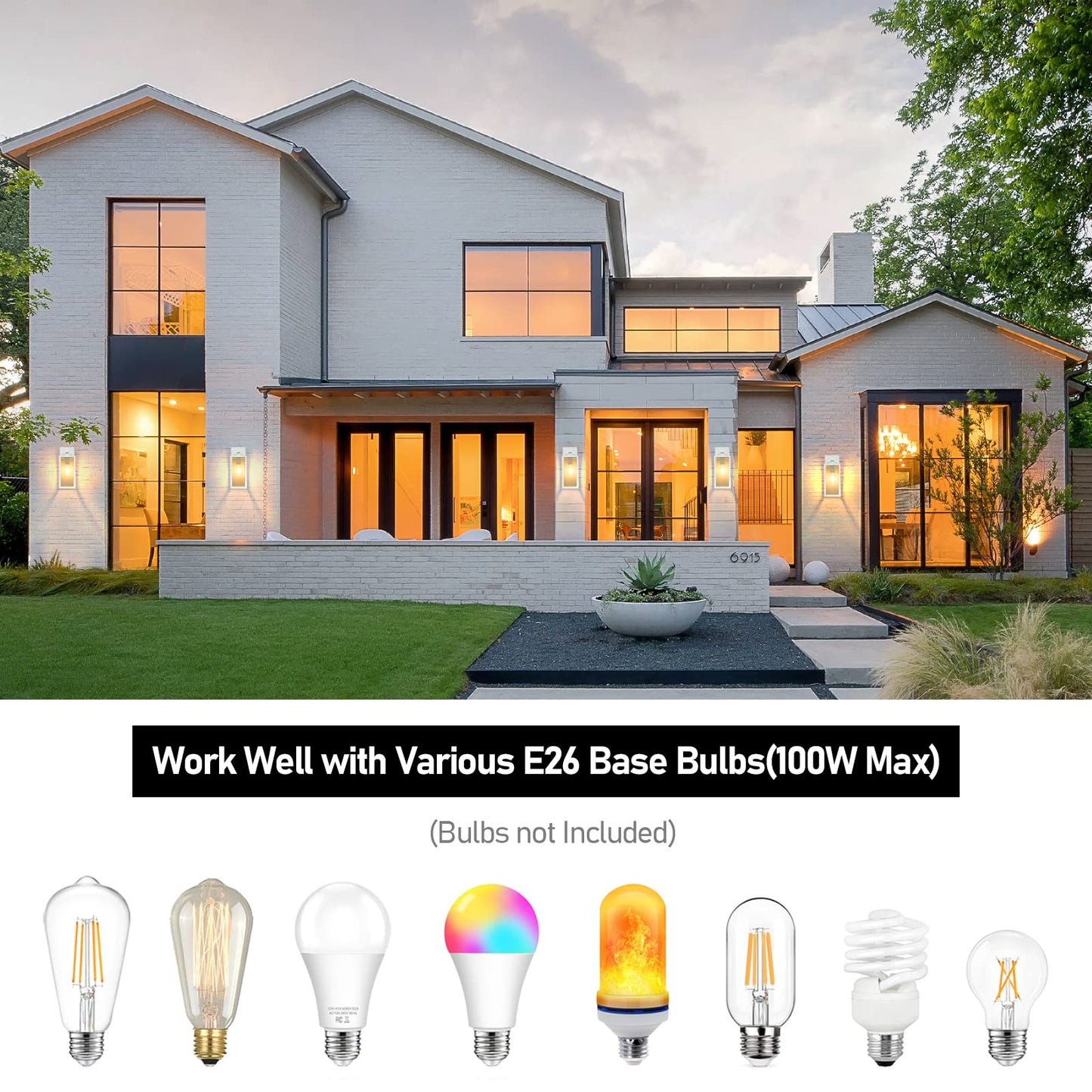 Outdoor Wall Light Fixtures, Exterior Waterproof Wall Lanterns, Porch Sconces Lighting with E26 Sockets & Glass Shades, Modern Matte Black Outside Lights for Patio Front Door Entryway Garage, 2-Pack