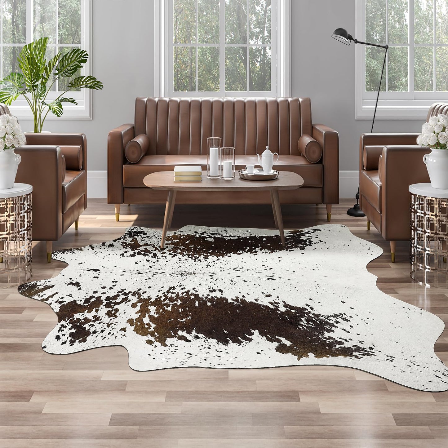 AROGAN Premium Faux Cowhide Rug 4.6 x 5.2 Feet, Sturdy and Large Size Cow Print Rugs, Suitable for Bedroom Living Room Western Decor
