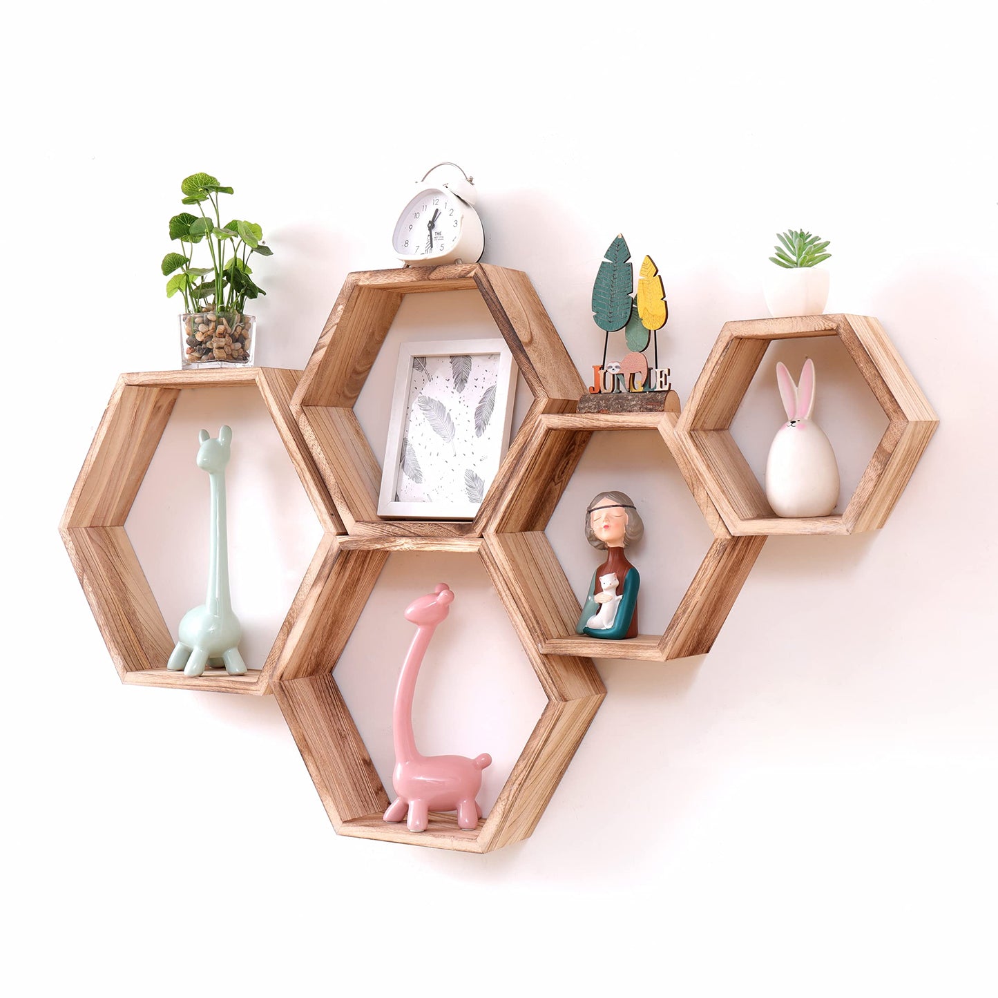 WONFUlity Hexagon Floating Shelves Honeycomb Shelves Wall Mounted Wood Farmhouse Storage Wall Shelf for Bathroom, Kitchen, Bedroom, Living Room,Driftwood Finish Decor, Black