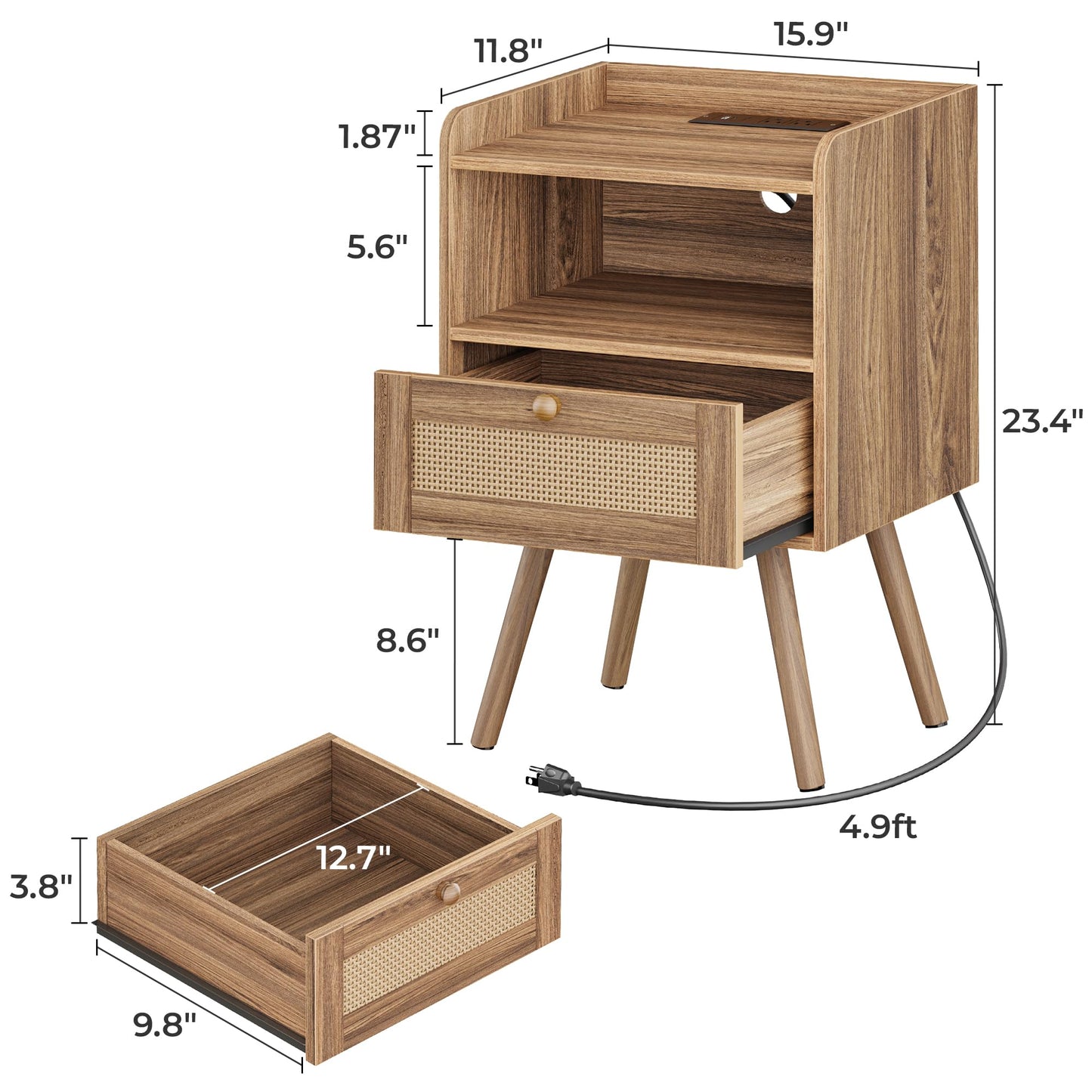 SUPERJARE Nightstands Set of 2, Night Stands with Charging Station & PE Rattan Decor Drawer, Bed Side Tables with Solid Wood Feet, End Table, for Bedroom, Living Room - Natural
