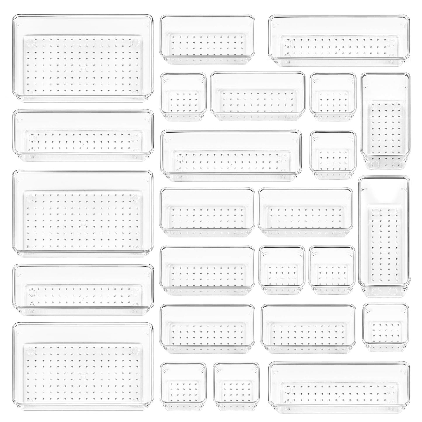 Vtopmart 25 PCS Clear Plastic Drawer Organizers Set, 4-Size Versatile Bathroom and Vanity Drawer Organizer Trays