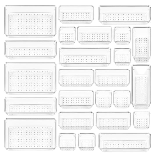 Vtopmart 25 PCS Clear Plastic Drawer Organizers Set, 4-Size Versatile Bathroom and Vanity Drawer Organizer Trays