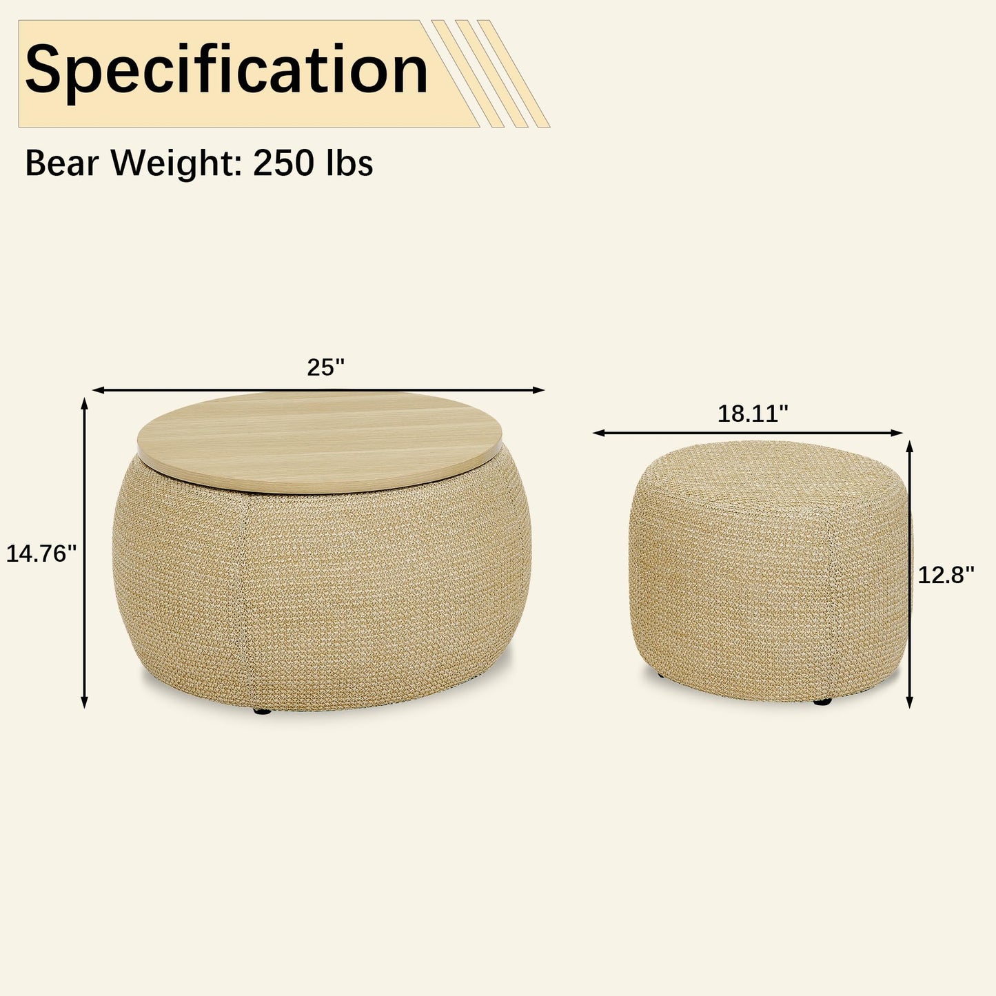2-Piece Set Round Chenille Storage Ottoman, Equipped with a Drum Shaped Small Stool, Storage Space