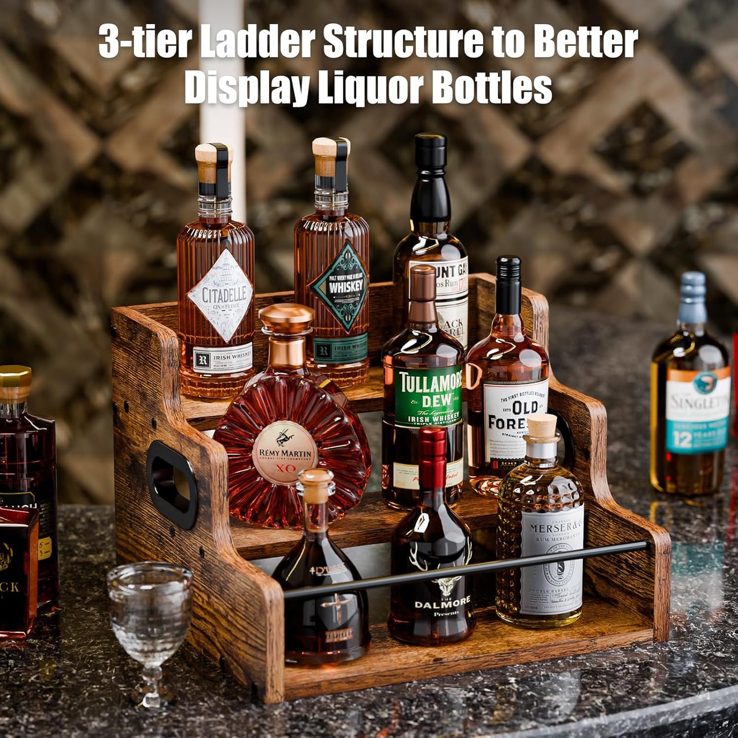 KLM Liquor Bottle Display Shelf, Coffee Syrup Rack Organizer, 3 Step Countertop Wine Rack, Mini Bar