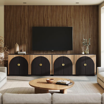 BELLEZE 3-Piece Arched TV Stand Entertainment Center with Storage, Mid Century Modern 2-Piece 72″ Tall Storage Cabinets and 65″ Fluted TV Console for Living Room (Camel)