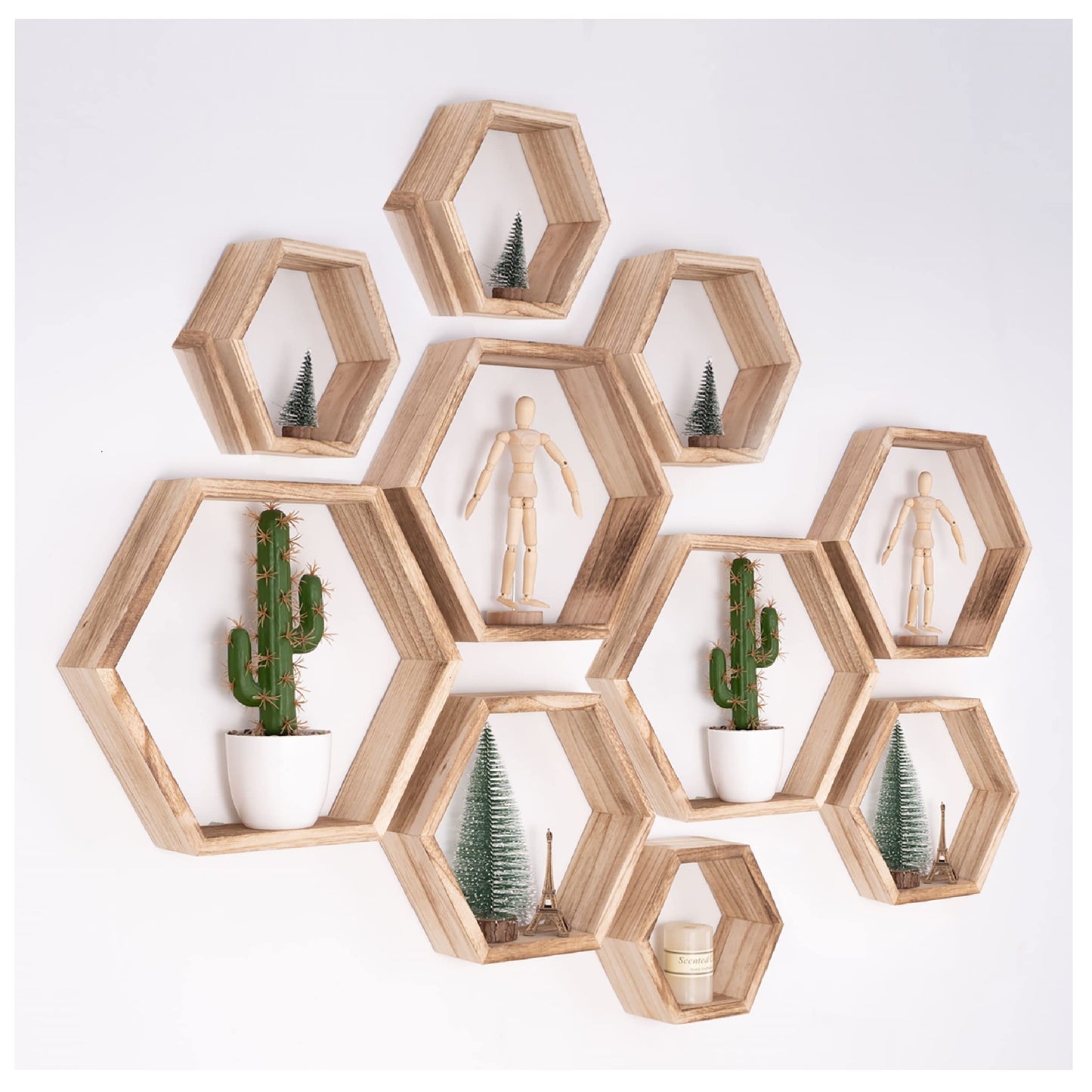 WONFUlity Hexagon Floating Shelves Honeycomb Shelves Wall Mounted Wood Farmhouse Storage Wall Shelf for Bathroom, Kitchen, Bedroom, Living Room,Driftwood Finish Decor, Black