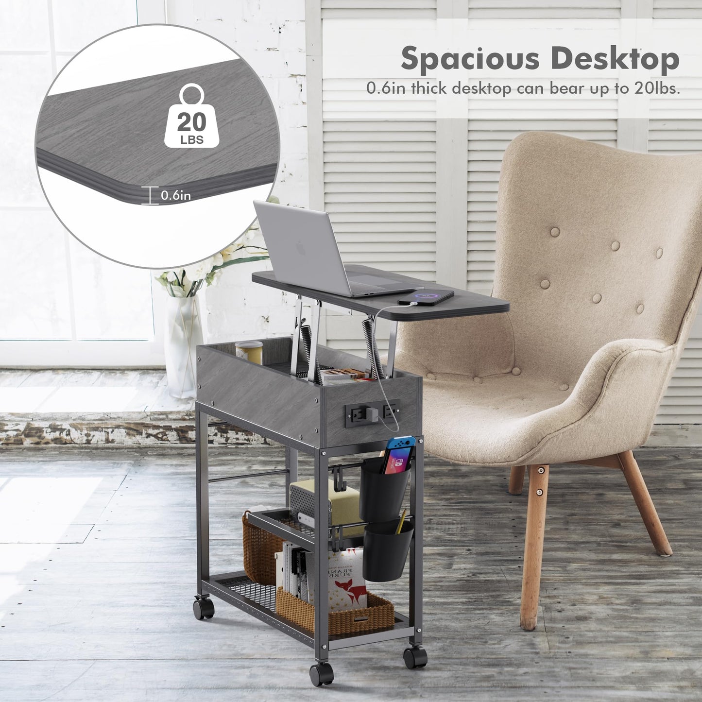 Colima Lift Top End Table with Charging Station and Wheels, Sofa Side Table with USB port