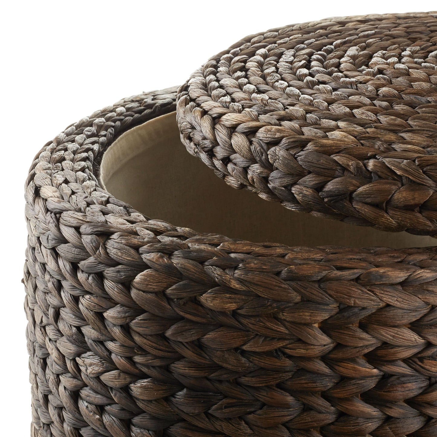 Round Storage Ottoman with Lid - Whitewash, Handwoven Water Hyacinth Footstool for Living Room, Bedroom
