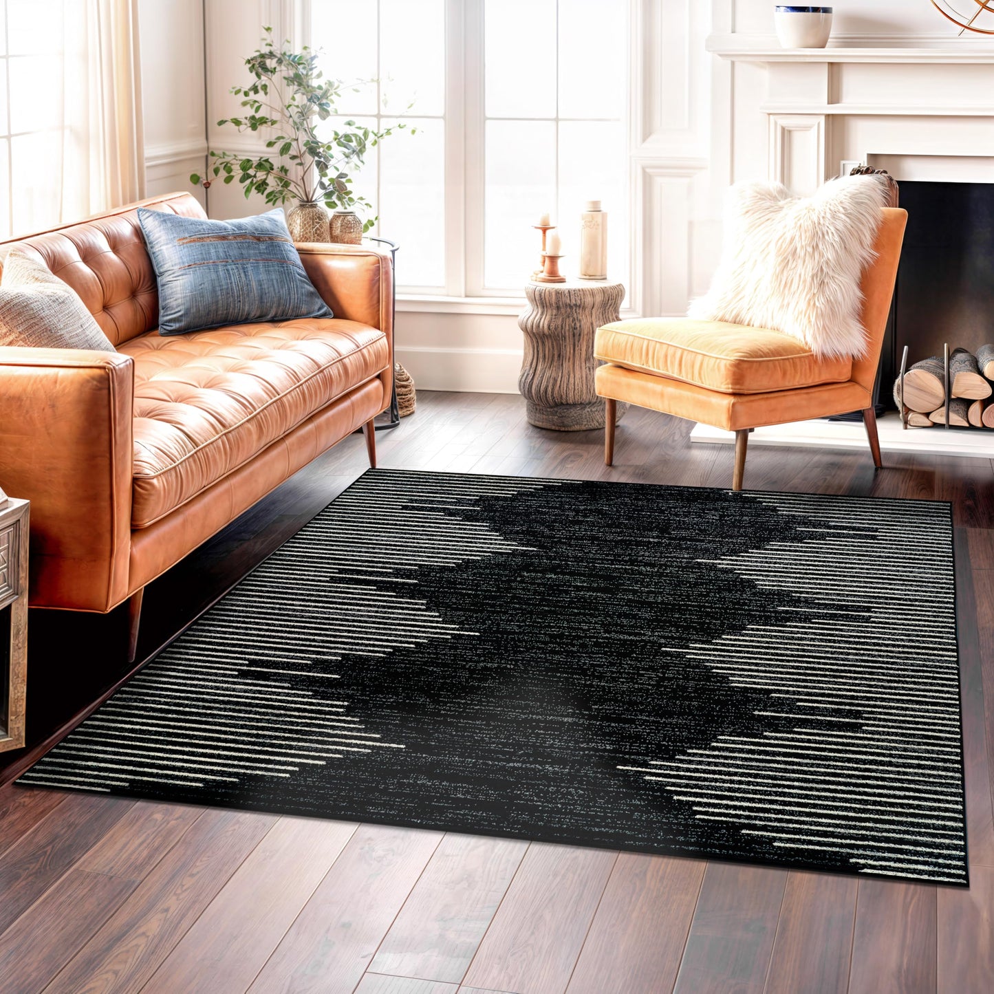 Rugshop Bohemian Stripe Stain Resistant High Traffic Living Room Kitchen Bedroom Dining Home Office Area Rug 5' x 7' Black