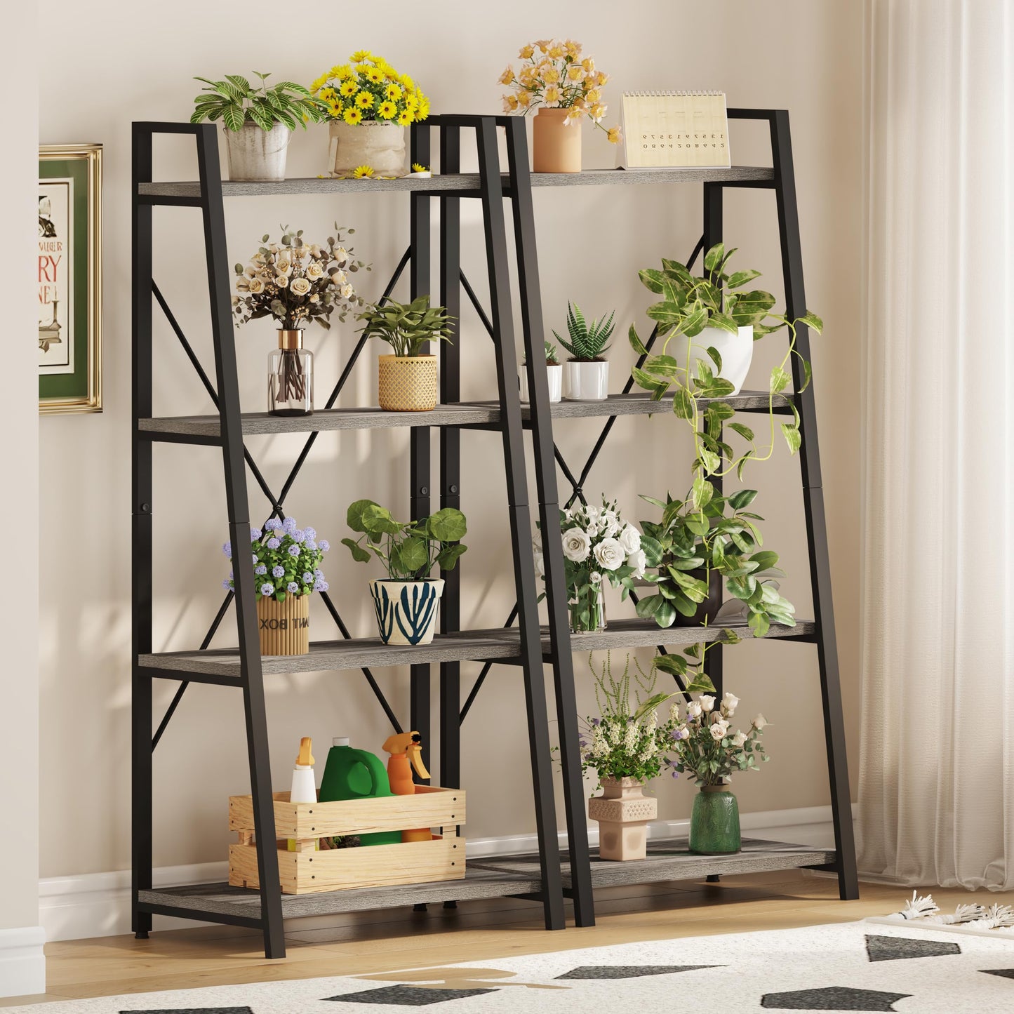 BON AUGURE Ladder Bookshelf, 4 Tier Ladder Shelf Bookcase, Wood Leaning Book Shelves for Living Room, Bedroom, Home Office Shelving Unit (Dark Grey Oak)