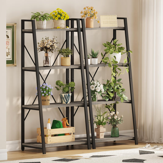 BON AUGURE Ladder Bookshelf, 4 Tier Ladder Shelf Bookcase, Wood Leaning Book Shelves for Living Room, Bedroom, Home Office Shelving Unit (Dark Grey Oak)