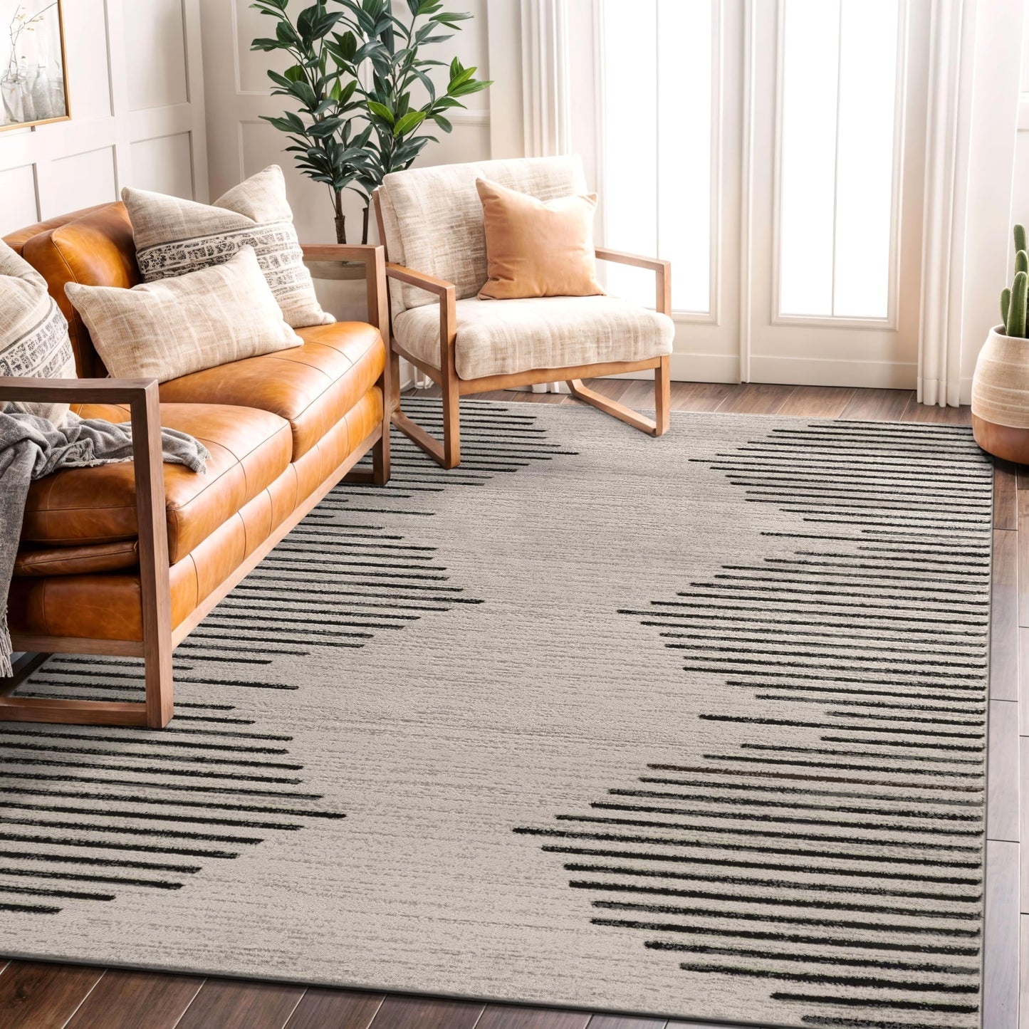 Rugshop Bohemian Stripe Stain Resistant High Traffic Living Room Kitchen Bedroom Dining Home Office Area Rug 5' x 7' Black