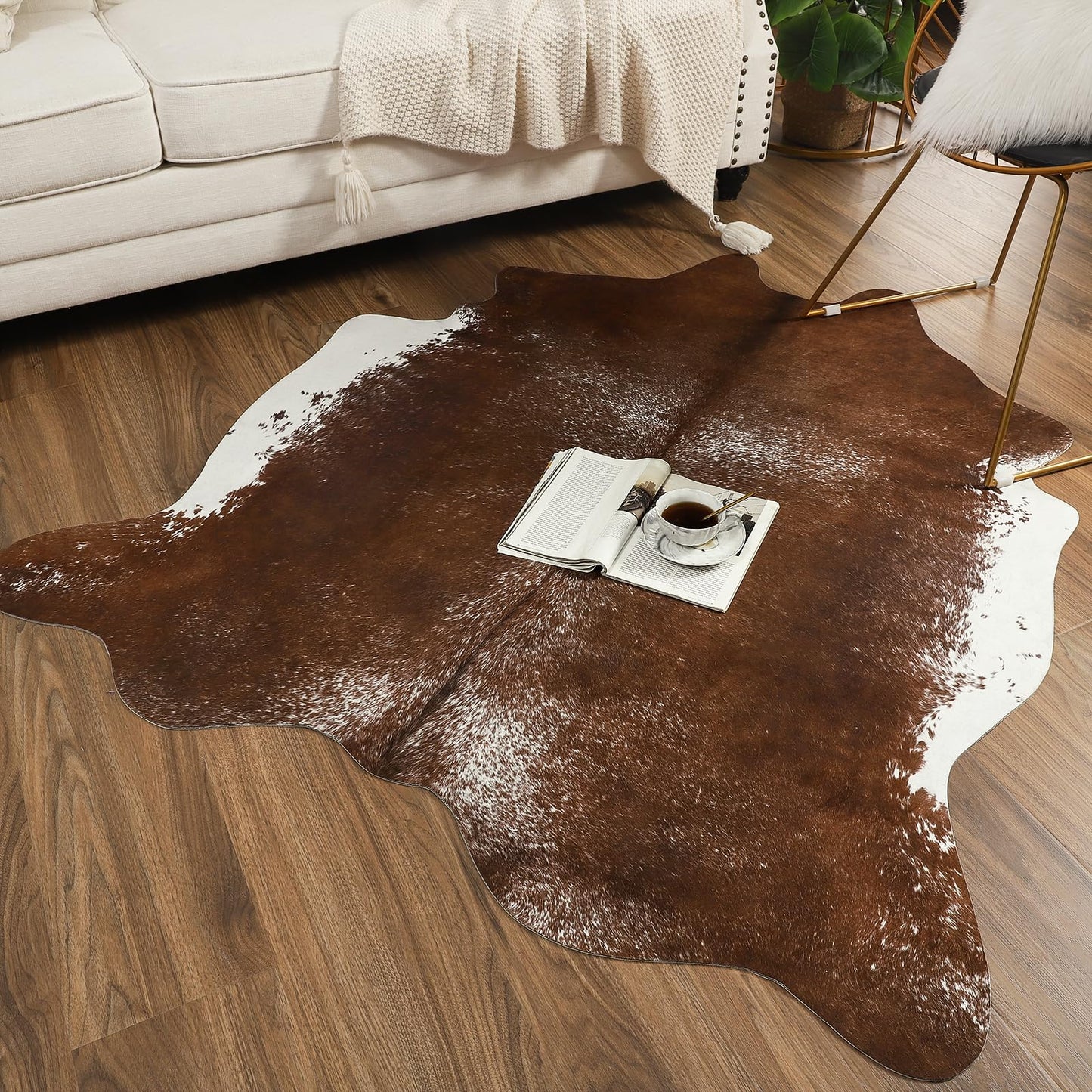 AROGAN Premium Faux Cowhide Rug 4.6 x 5.2 Feet, Sturdy and Large Size Cow Print Rugs, Suitable for Bedroom Living Room Western Decor