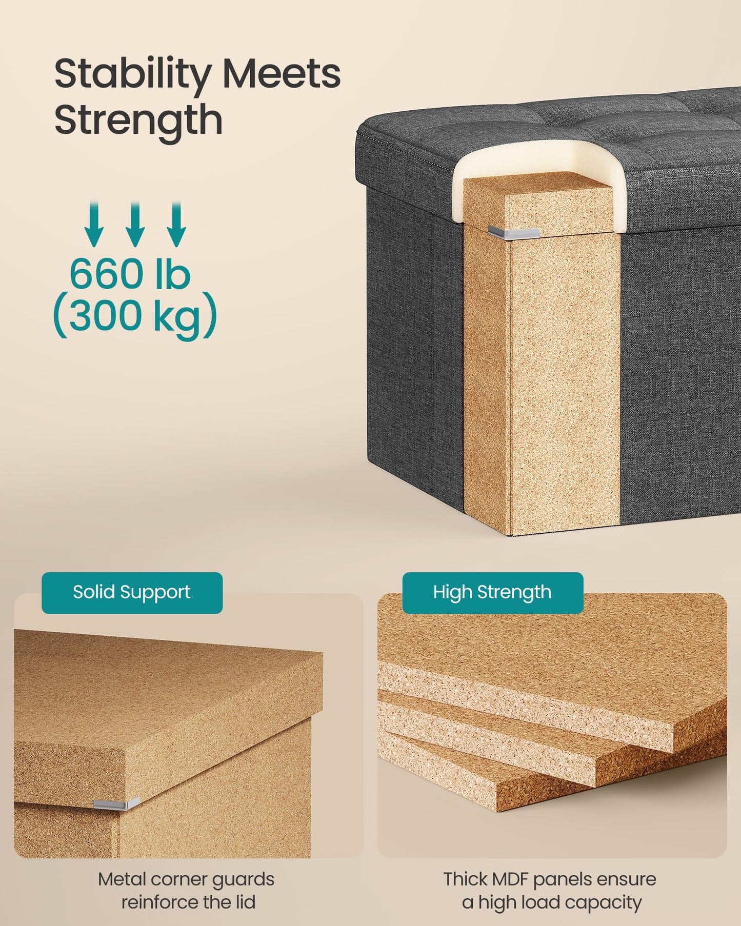 SONGMICS MAZIE Collection - 43 Inches Folding Storage Ottoman Bench, Ottoman Foot Rest, End of Bed Bench, Storage Chest, Load 660 lb, for Living Room, Bedroom, Entryway, Midnight Blue ULSF77IN
