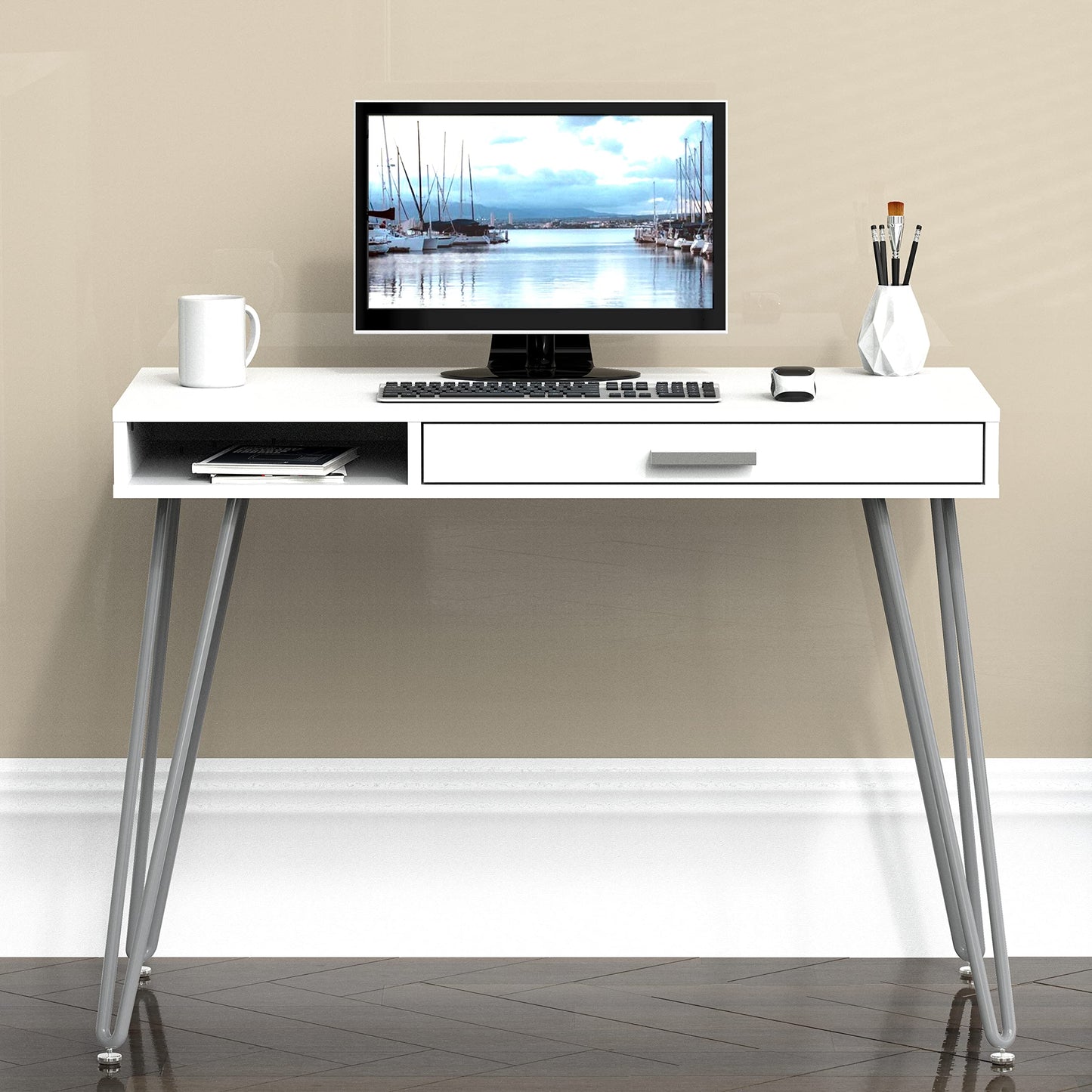 SHW Home Office Computer Hairpin Leg Desk with Drawer, Rustic Brown
