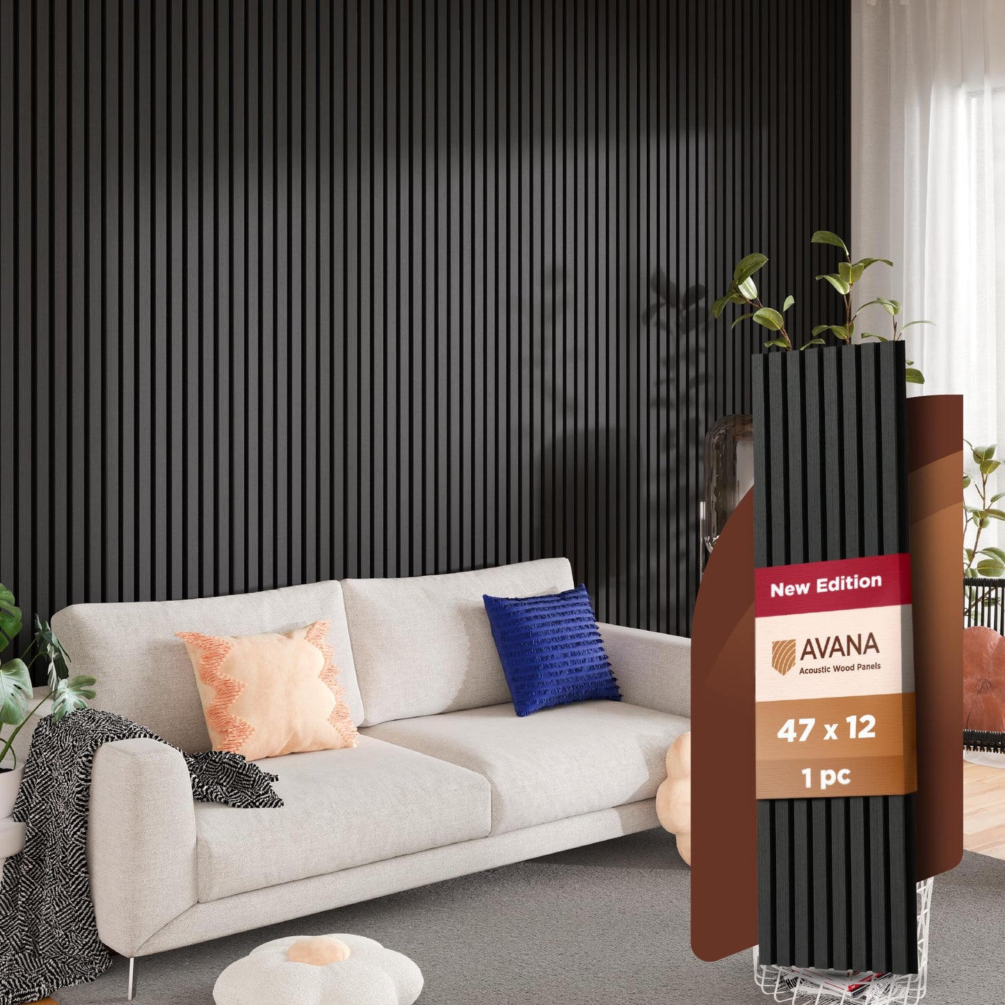 Avana Acoustic Wood Wall Panels – 94.4 x 12.6 Inch Dark Walnut Acoustic Panels 4 PCs – Wall Panels For Interior Wall Decor for Homes, Offices