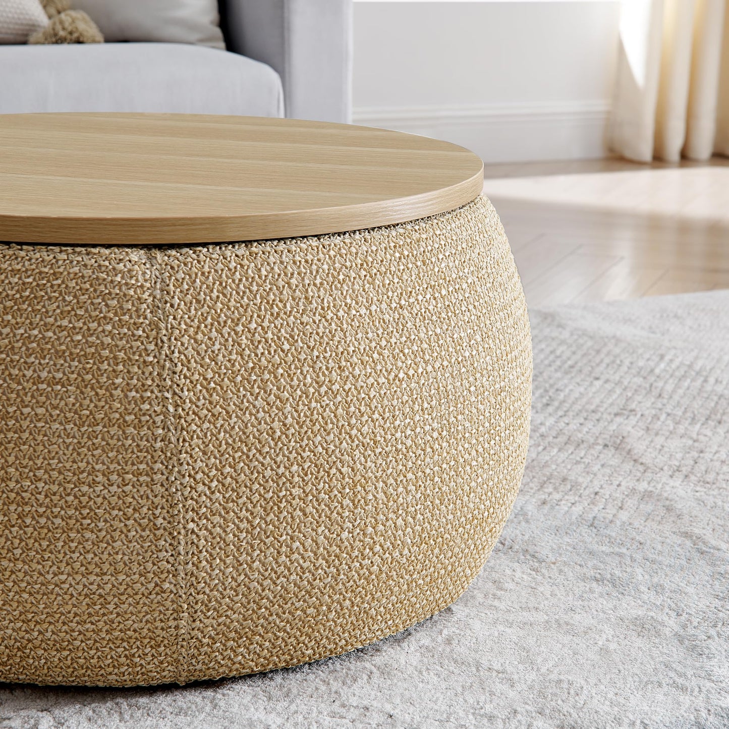 2-Piece Set Round Chenille Storage Ottoman, Equipped with a Drum Shaped Small Stool, Storage Space