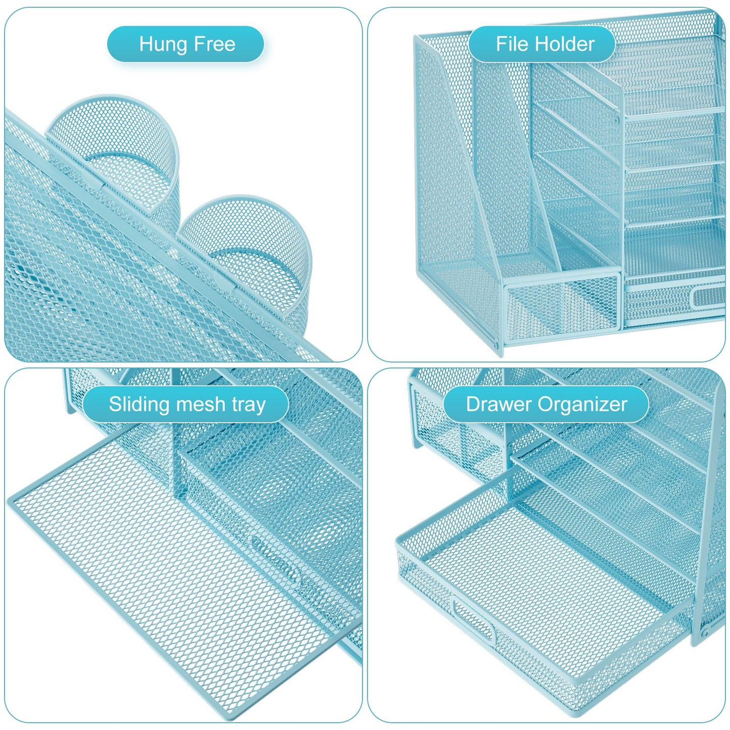 Marbrasse Desk Organizer with File Holder, 5-Tier Paper Letter Tray Organizer with Drawer and 2 Pen Holder, Mesh Desktop Organizer and Storage with Magazine Holder for Office Supplies(Black)