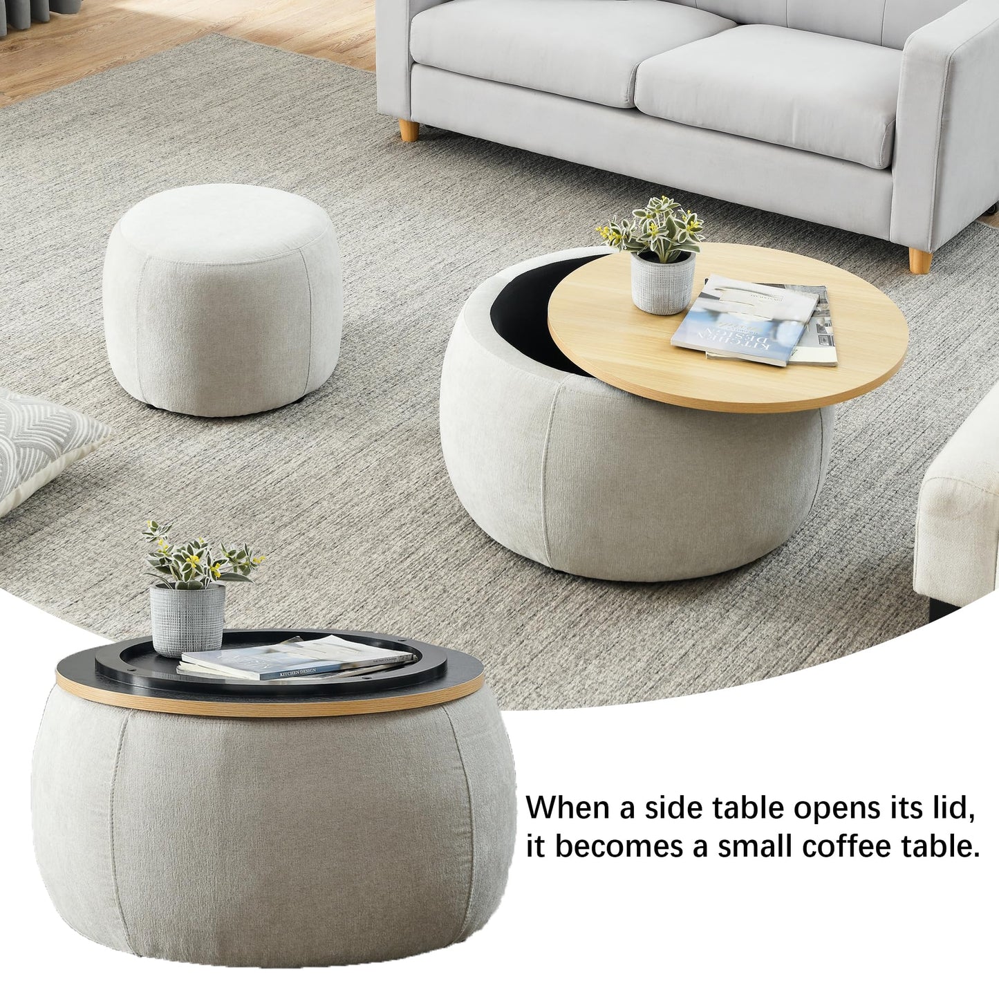 2-Piece Set Round Chenille Storage Ottoman, Equipped with a Drum Shaped Small Stool, Storage Space