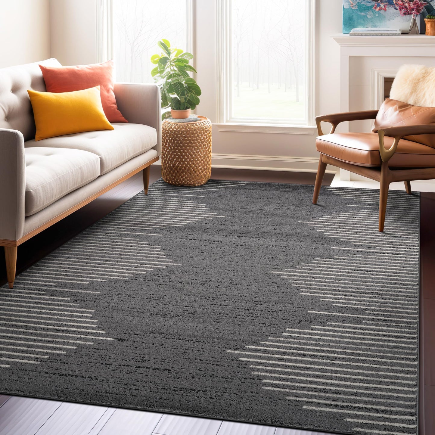 Rugshop Bohemian Stripe Stain Resistant High Traffic Living Room Kitchen Bedroom Dining Home Office Area Rug 5' x 7' Black