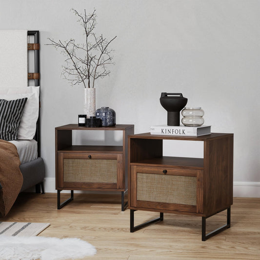 Nathan James Mina Rattan Wood End Side Accent Table Nightstand with Storage for Living Room or Bedroom, 1, Oak/Black