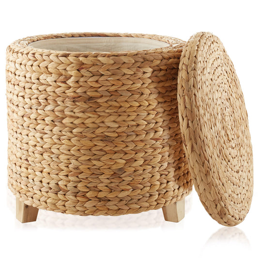 Round Storage Ottoman with Lid - Whitewash, Handwoven Water Hyacinth Footstool for Living Room, Bedroom