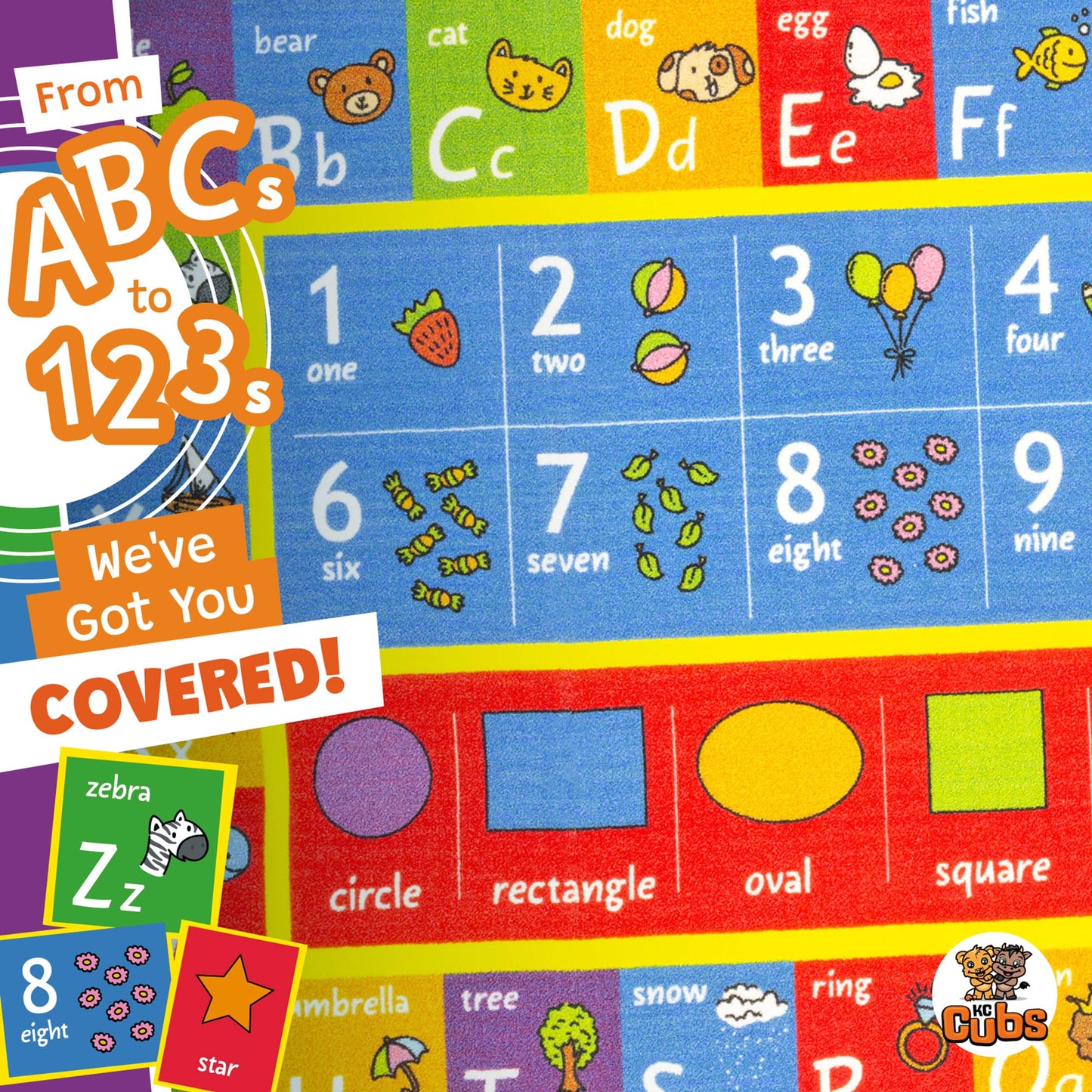 KC Cubs ABC Alphabet, Numbers & Shapes Educational Learning & Fun Game Play Area Rug for Kids Bedroom, Toddler Classroom and Baby Playroom