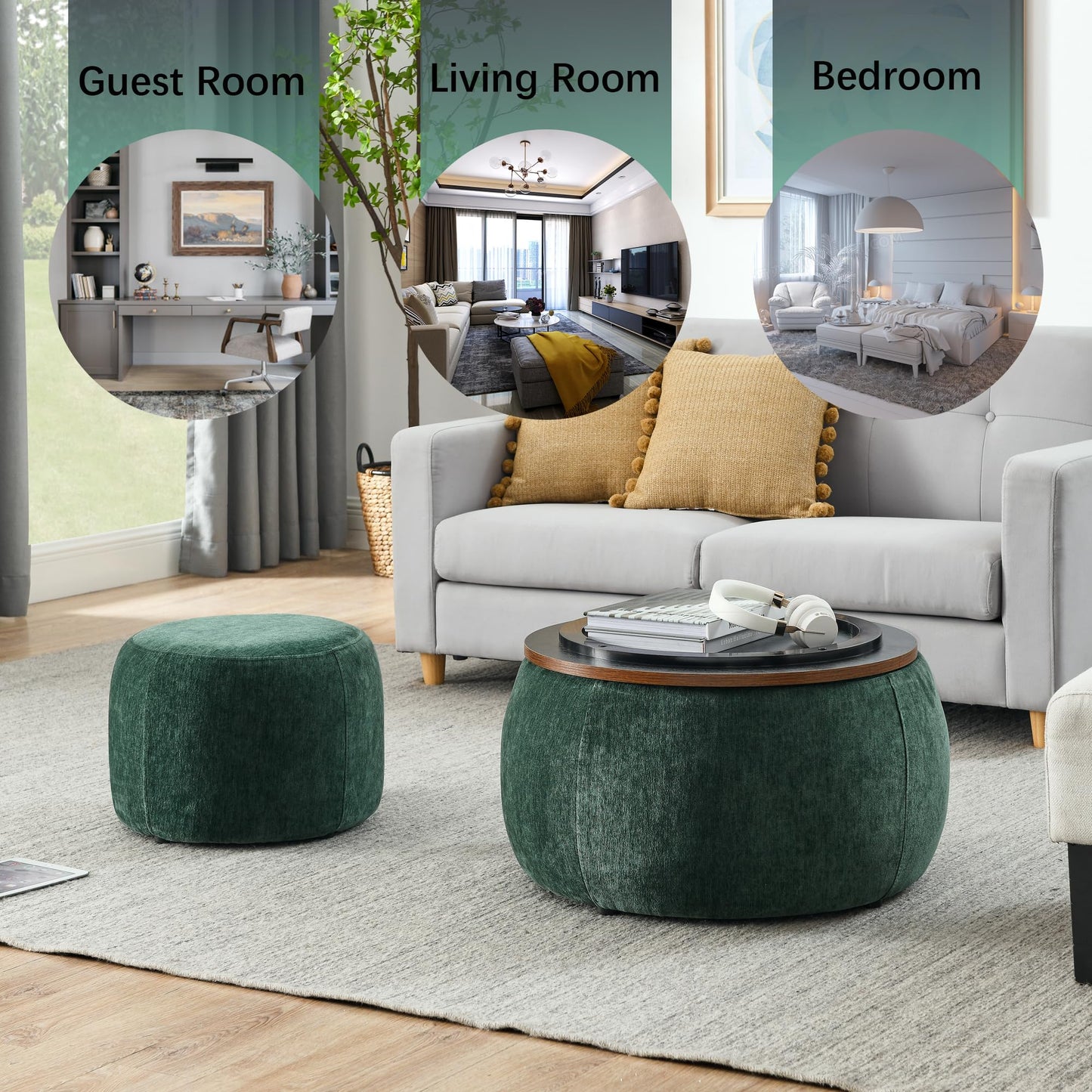 2-Piece Set Round Chenille Storage Ottoman, Equipped with a Drum Shaped Small Stool, Storage Space
