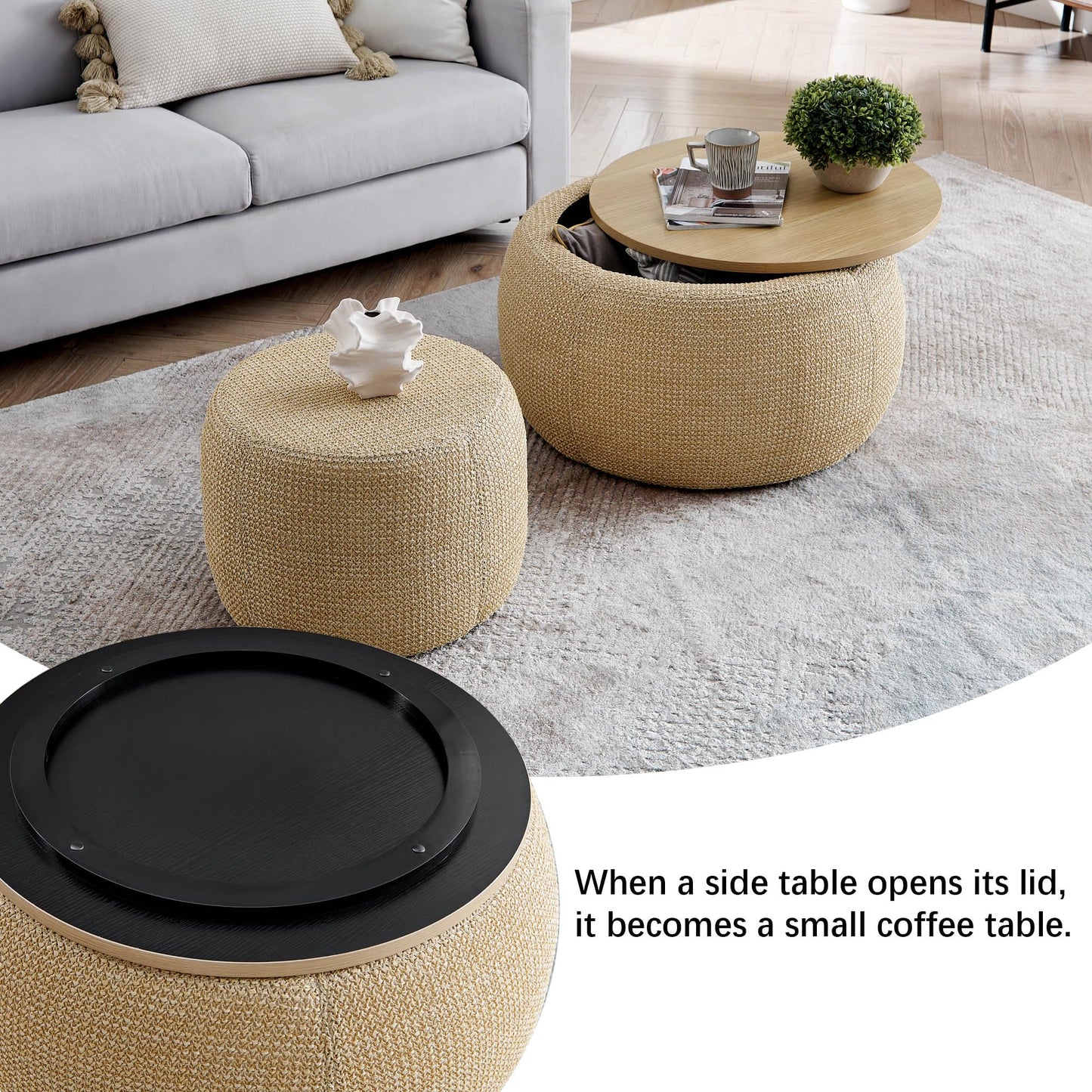 2-Piece Set Round Chenille Storage Ottoman, Equipped with a Drum Shaped Small Stool, Storage Space