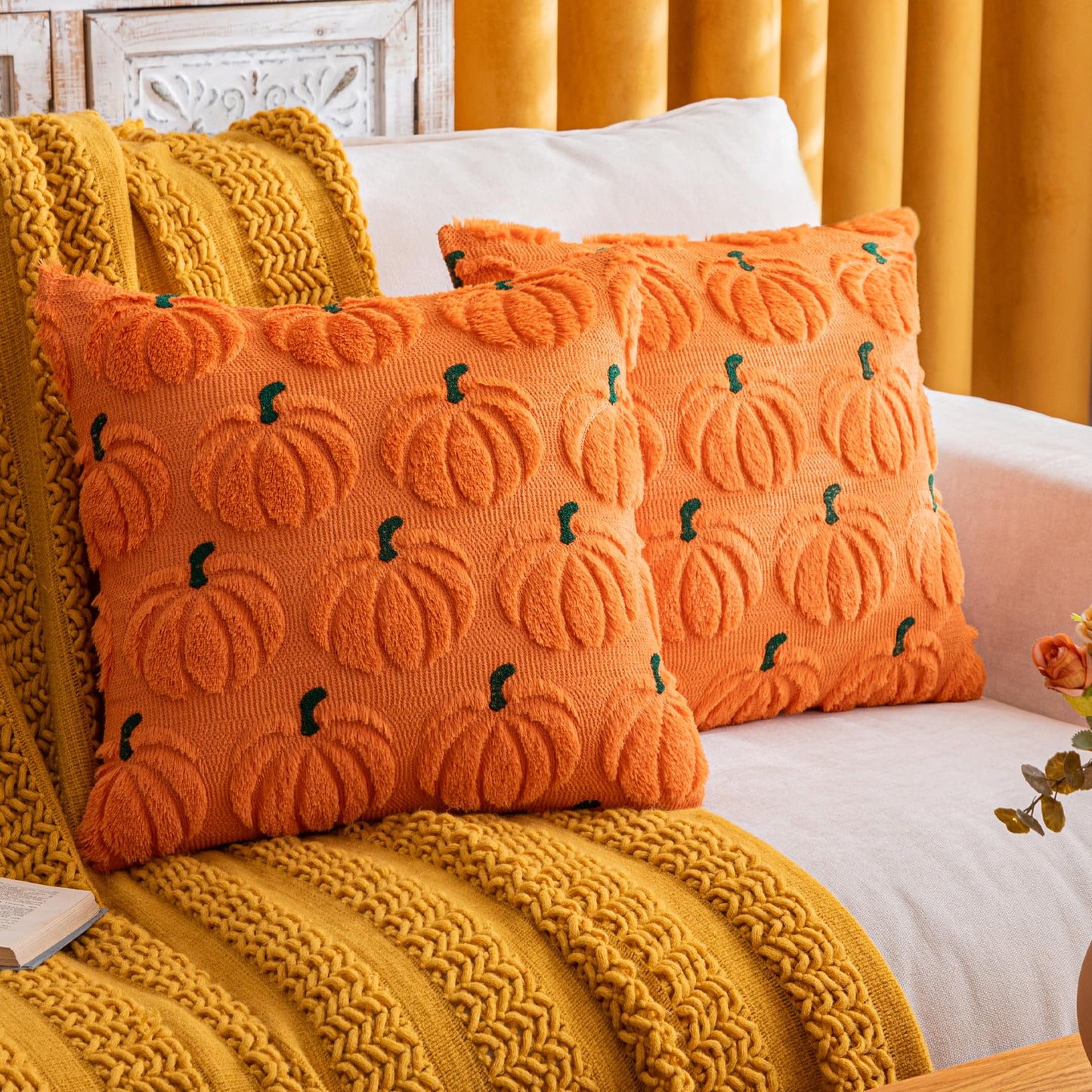 Pumpkin Fall Decorative Throw Pillow Covers 18"x18", Set of 2 Rust Red Soft Faux Fur