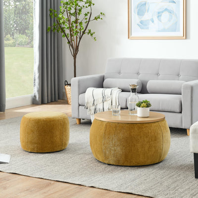 2-Piece Set Round Chenille Storage Ottoman, Equipped with a Drum Shaped Small Stool, Storage Space