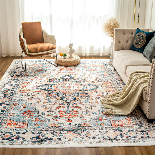 VK VK·LIVING 8x10 Area Rug Washable Rugs for Living Room Rug Vintage Design Boho Rug with Non Slip Living Room Rug Bedroom Carpet Stain Resistant