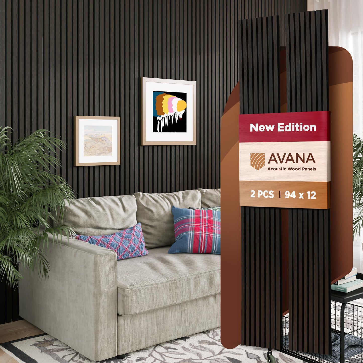 Avana Acoustic Wood Wall Panels – 94.4 x 12.6 Inch Dark Walnut Acoustic Panels 4 PCs – Wall Panels For Interior Wall Decor for Homes, Offices