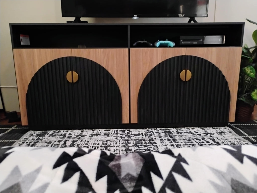 TV Stand Entertainment, Black, Camel Mid Century Modern 2-Piece Tall Storage, Adjustable shelves/doors