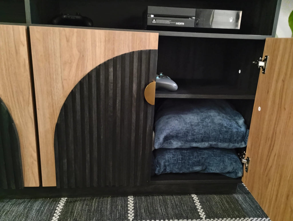 TV Stand Entertainment, Black, Camel Mid Century Modern 2-Piece Tall Storage, Adjustable shelves/doors