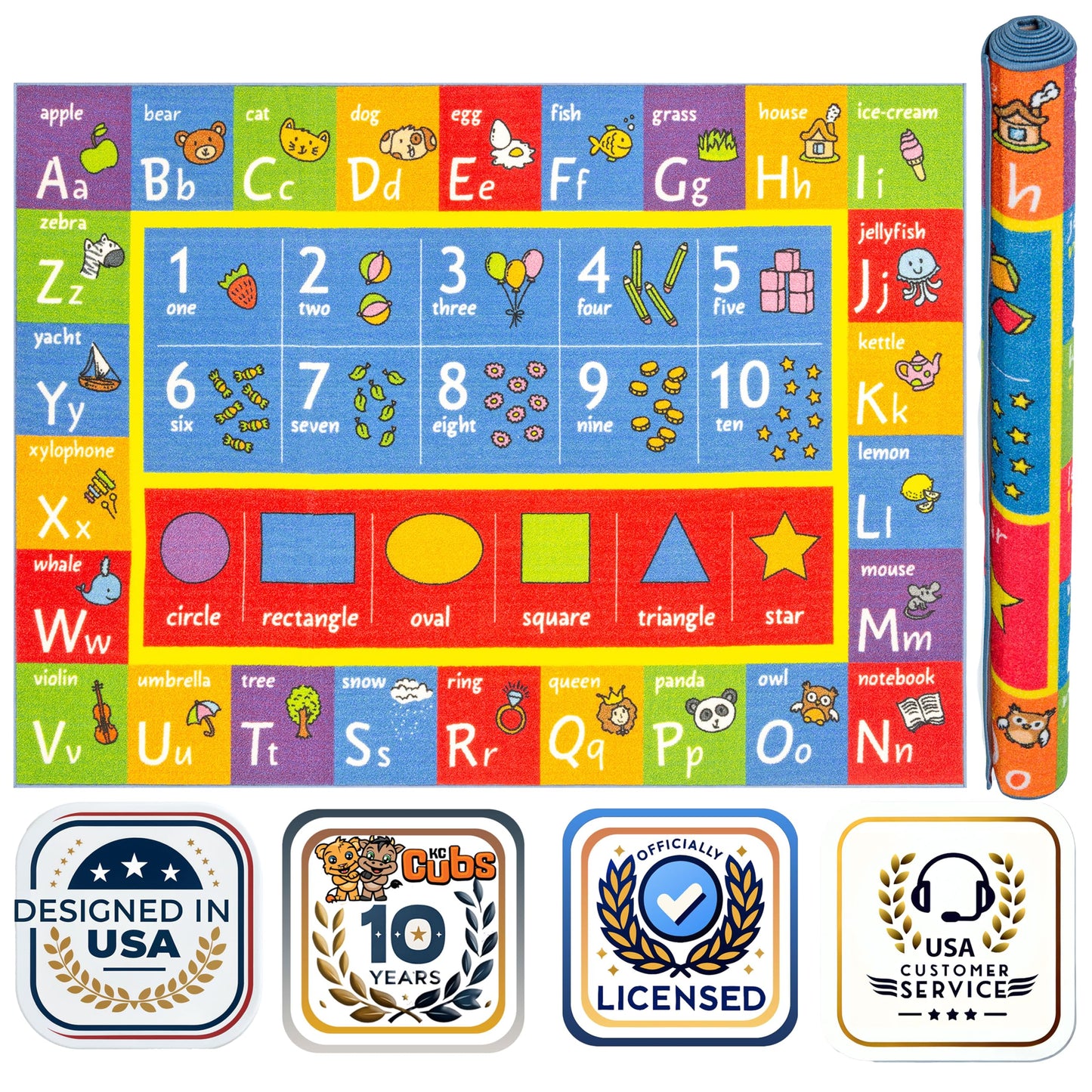 KC Cubs ABC Alphabet, Numbers & Shapes Educational Learning & Fun Game Play Area Rug for Kids Bedroom, Toddler Classroom and Baby Playroom