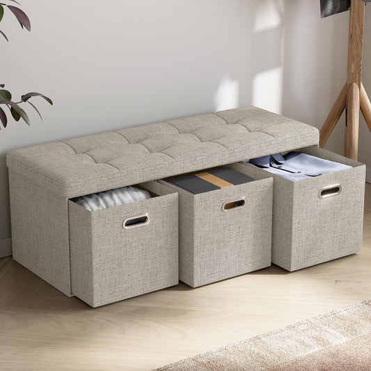 Ornavo Home Foldable Tufted Linen Large Long Bench Storage Ottoman Foot Rest Stool Seat with 3 Drawer Cubes - 15" x 40" x 15", Navy Blue