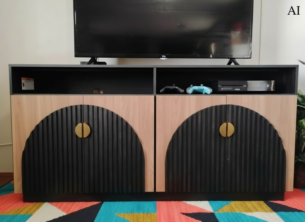 TV Stand Entertainment, Black, Camel Mid Century Modern 2-Piece Tall Storage, Adjustable shelves/doors