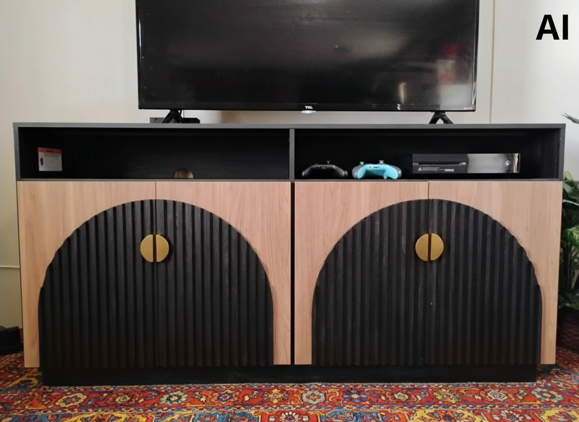 TV Stand Entertainment, Black, Camel Mid Century Modern 2-Piece Tall Storage, Adjustable shelves/doors