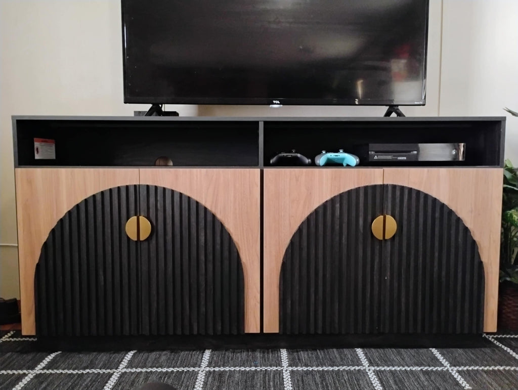 TV Stand Entertainment, Black, Camel Mid Century Modern 2-Piece Tall Storage, Adjustable shelves/doors