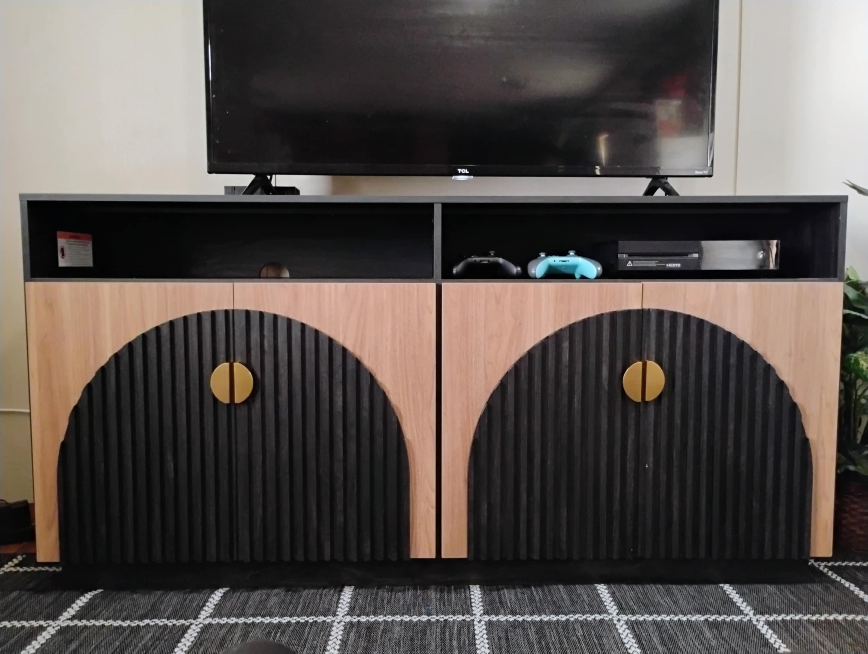 TV Stand Entertainment, Black, Camel Mid Century Modern 2-Piece Tall Storage, Adjustable shelves/doors