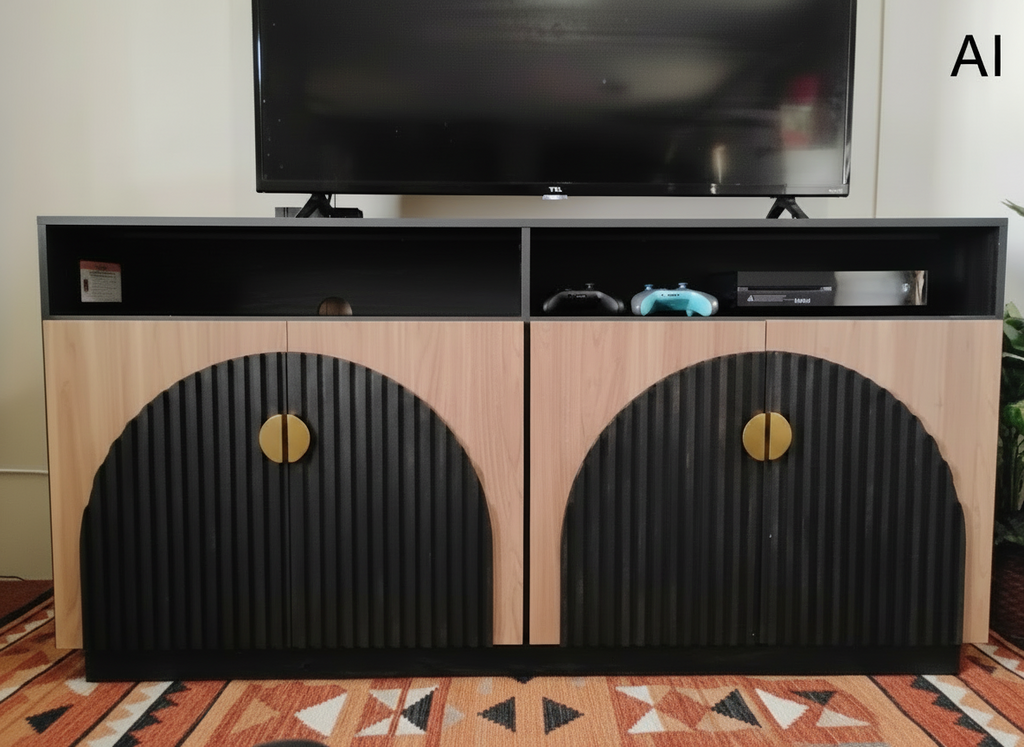 TV Stand Entertainment, Black, Camel Mid Century Modern 2-Piece Tall Storage, Adjustable shelves/doors