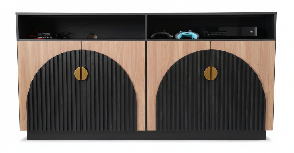 TV Stand Entertainment, Black, Camel Mid Century Modern 2-Piece Tall Storage, Adjustable shelves/doors