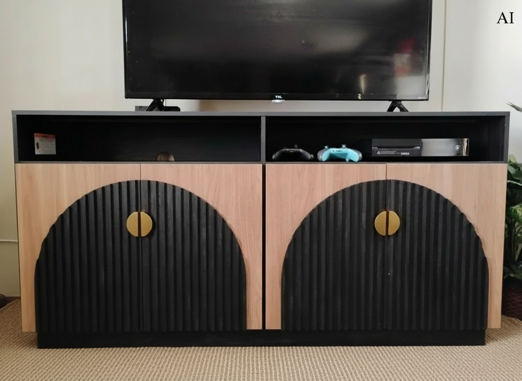 TV Stand Entertainment, Black, Camel Mid Century Modern 2-Piece Tall Storage, Adjustable shelves/doors