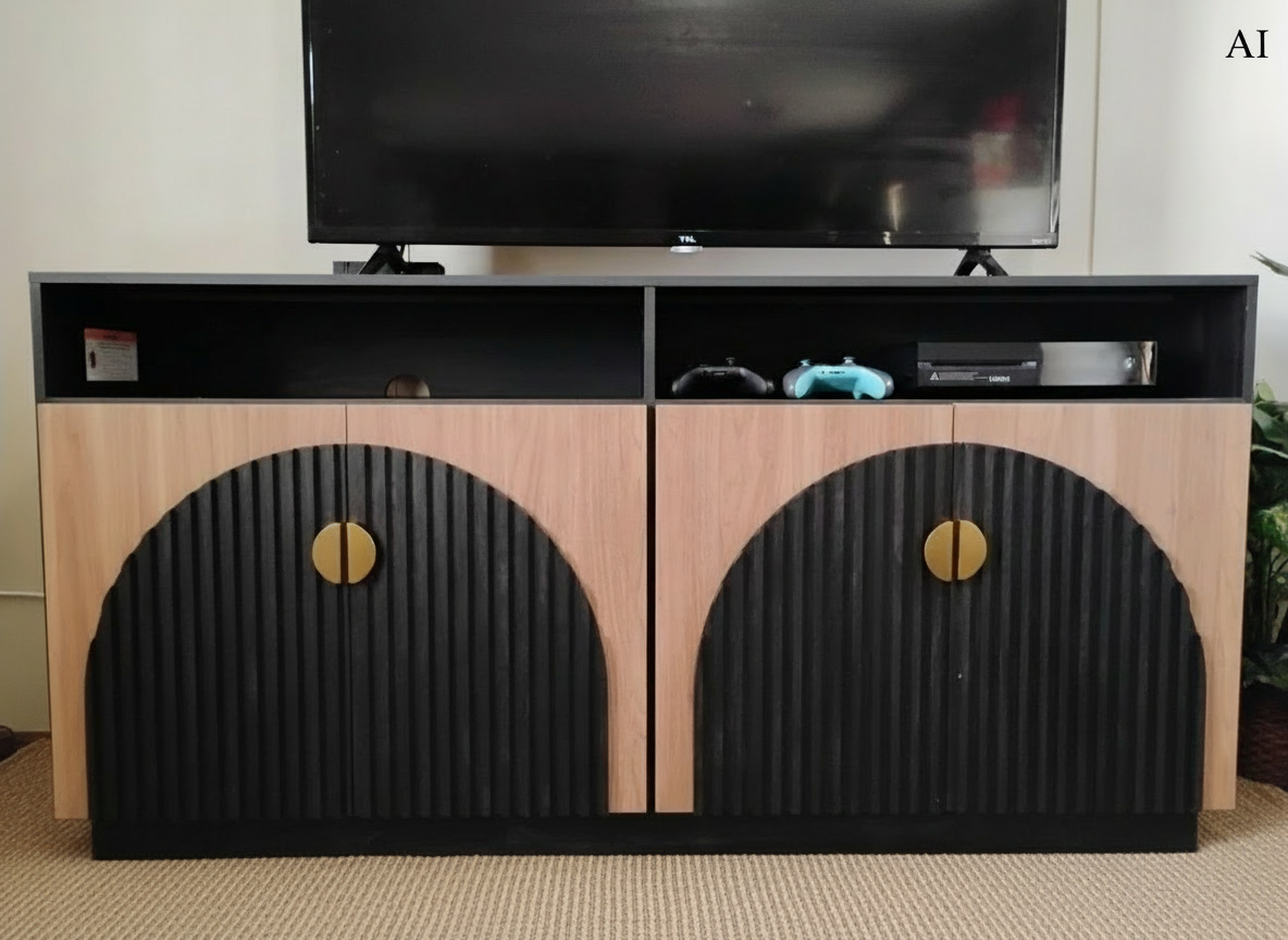 TV Stand Entertainment, Black, Camel Mid Century Modern 2-Piece Tall Storage, Adjustable shelves/doors