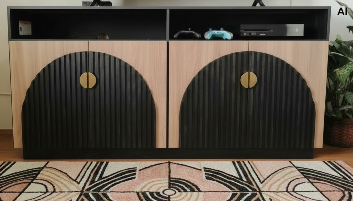 TV Stand Entertainment, Black, Camel Mid Century Modern 2-Piece Tall Storage, Adjustable shelves/doors